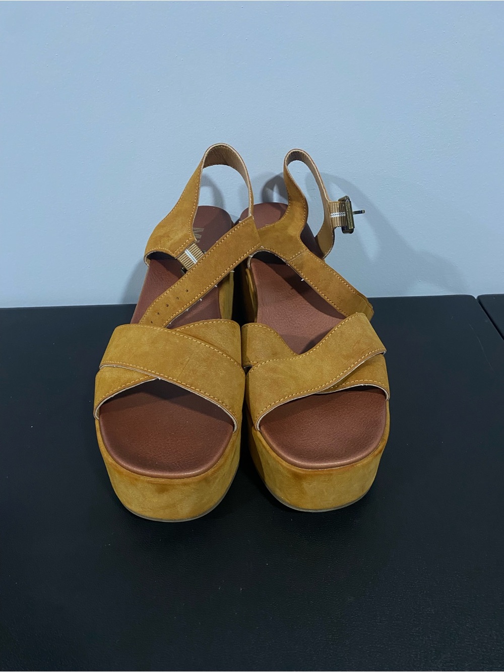 MIA Mustard Suede Platform Slingback Wedges